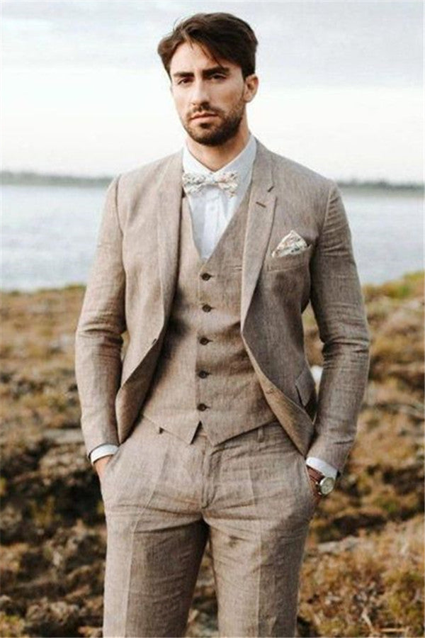 Well-cut Khaki Linen Summer Beach Mens Suits Groom Wedding Tuxedos with Three-pieces-showprettydress