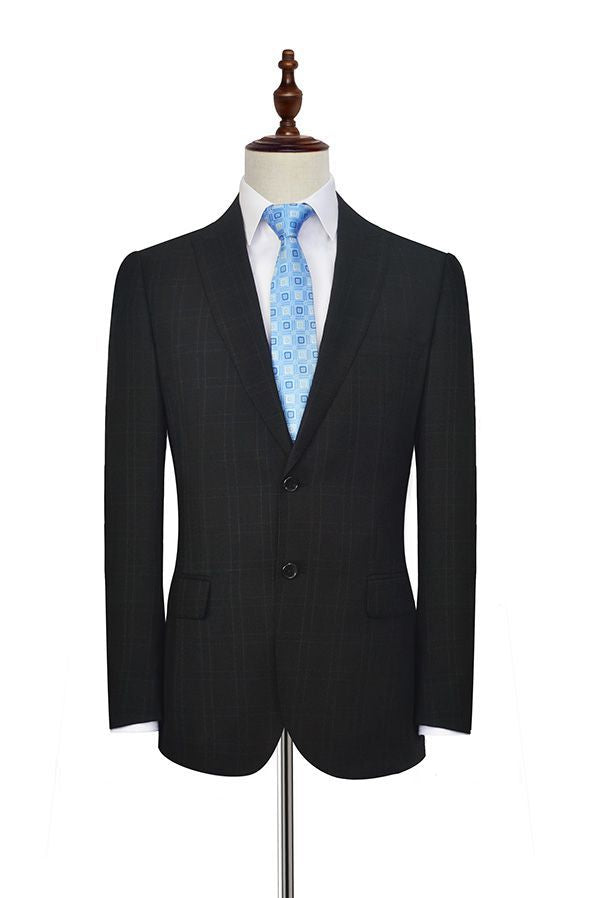 Well-cut Peak Lapel Plaid Two Button Black Mens Suits for Business-showprettydress