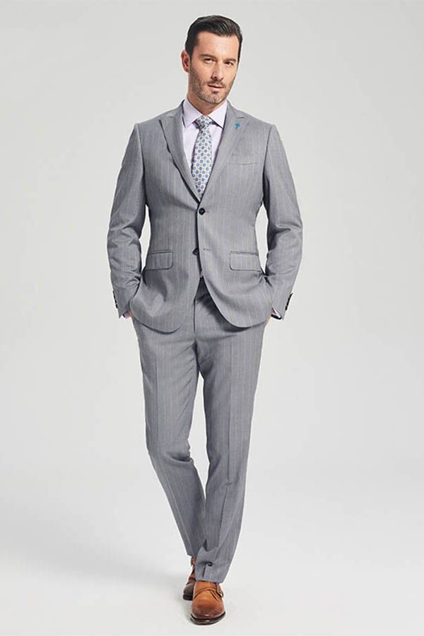 Well-cut Stripes Grey Suits Two Buttons Peak Lapel Business Mens Suits-showprettydress