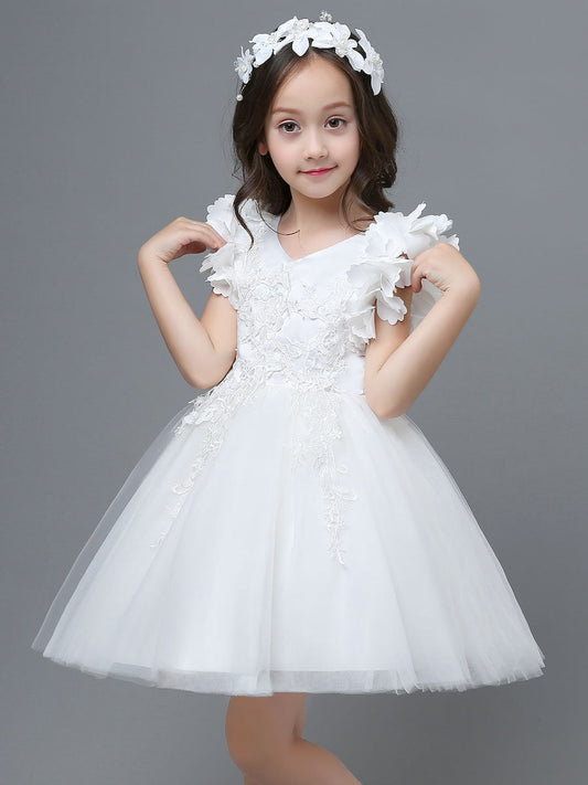 White A-Line Zipper V-Neck Sleeveless Tulle Flowers Kids Party Dresses-showprettydress