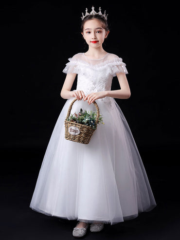 White Illusion Neckline Short Sleeves Ankle-Length Princess Dress Flowers Beaded Embellishment Tulle Kids Party Dresses-showprettydress