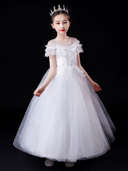 White Illusion Neckline Short Sleeves Ankle-Length Princess Dress Flowers Beaded Embellishment Tulle Kids Party Dresses-showprettydress