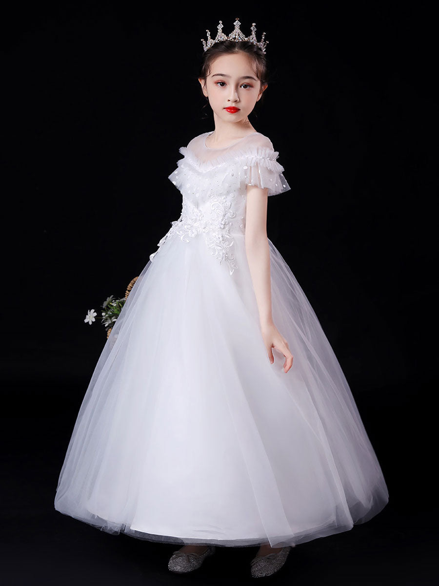 White Illusion Neckline Short Sleeves Ankle-Length Princess Dress Flowers Beaded Embellishment Tulle Kids Party Dresses-showprettydress