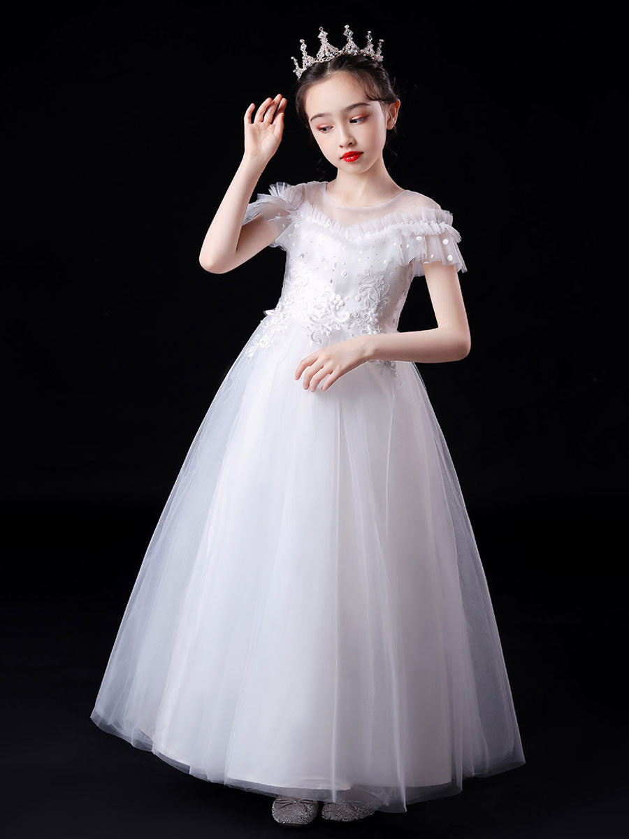 White Illusion Neckline Short Sleeves Ankle-Length Princess Dress Flowers Beaded Embellishment Tulle Kids Party Dresses-showprettydress