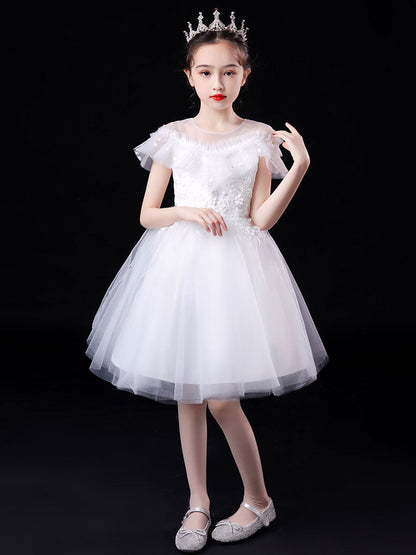 White Illusion Neckline Short Sleeves Tulle Princess Dress Flowers Beaded Embellishment Kids Party Dresses-showprettydress