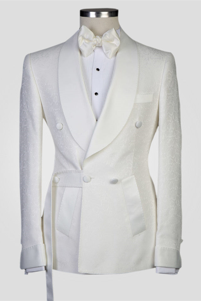 White Jacquard Shawl Lapel Double Breasted Men Suits for Wedding-showprettydress