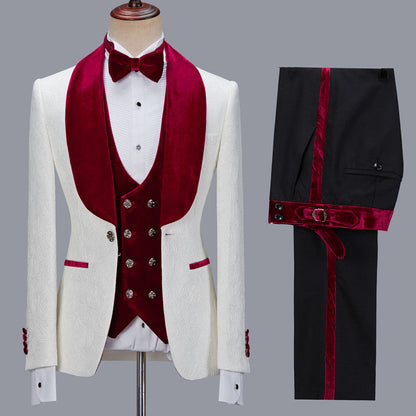 White Jacquard Three Pieces Wedding Groom Men Suits with Velvet Lapel-showprettydress