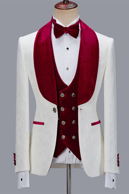 White Jacquard Three Pieces Wedding Groom Men Suits with Velvet Lapel-showprettydress