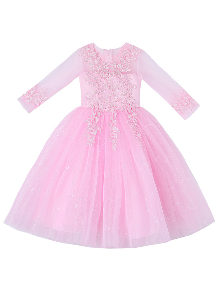 White Jewel Neck 3/4 Length Sleeves Tulle Polyester Cotton Flowers Formal Kids Pageant flower girl dresses-showprettydress