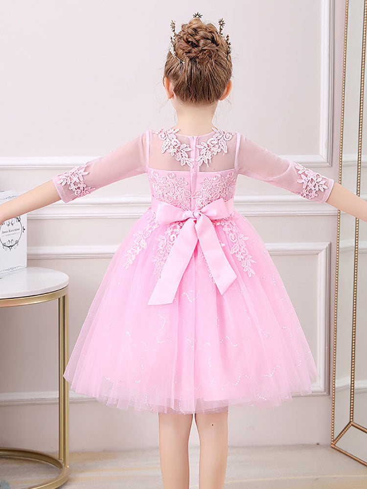 White Jewel Neck 3/4 Length Sleeves Tulle Polyester Cotton Flowers Formal Kids Pageant flower girl dresses-showprettydress