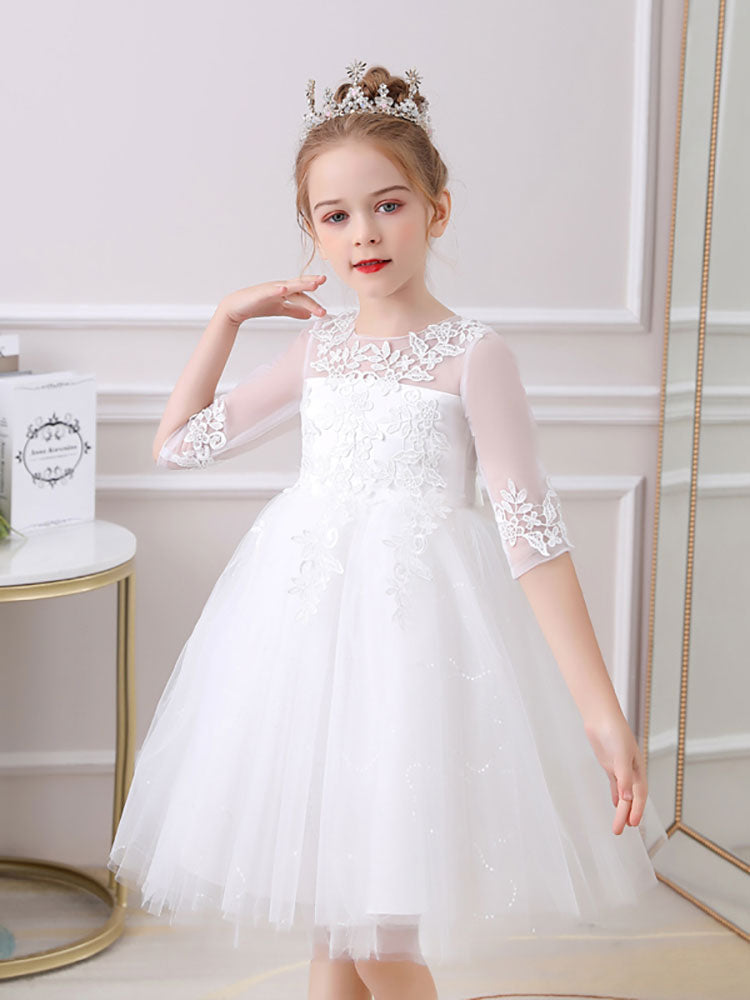 White Jewel Neck 3/4 Length Sleeves Tulle Polyester Cotton Flowers Formal Kids Pageant flower girl dresses-showprettydress