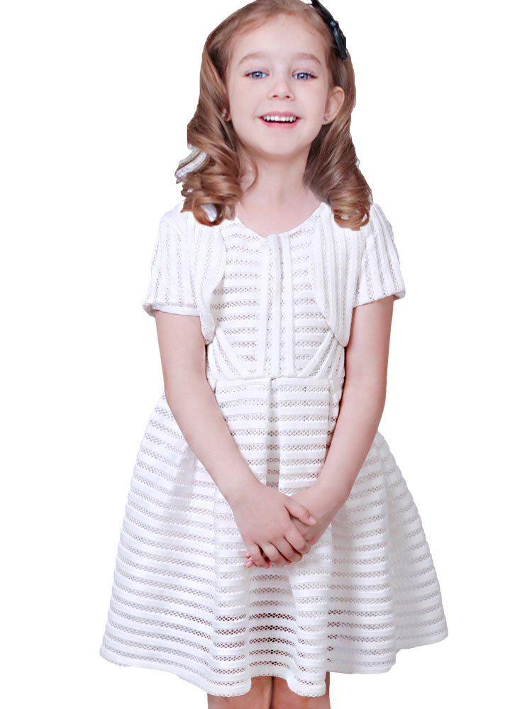 White Jewel Neck Cotton Blend Short Sleeves Tea-Length A-Line Pleated Kids Social Party Dresses-showprettydress