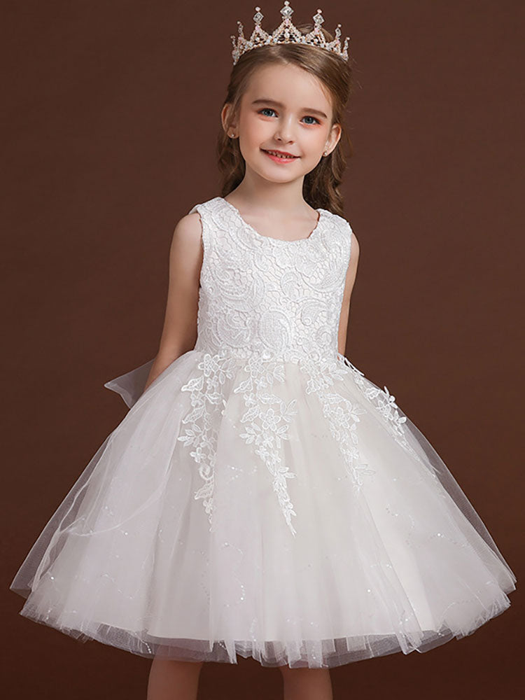 White Jewel Neck Cotton Sleeveless Short A-Line Embroidered flower girl dresses-showprettydress