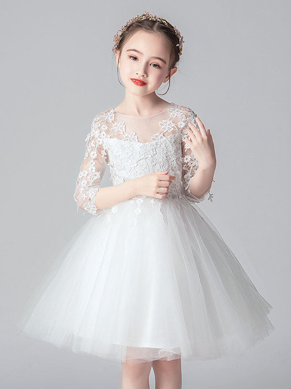 White Jewel Neck Cut Out Formal Kids Pageant flower girl dresses-showprettydress