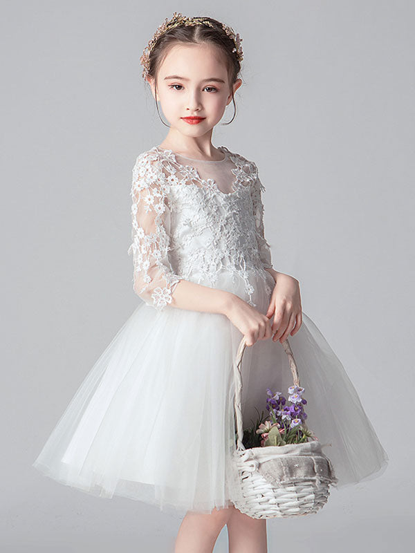 White Jewel Neck Cut Out Formal Kids Pageant flower girl dresses-showprettydress