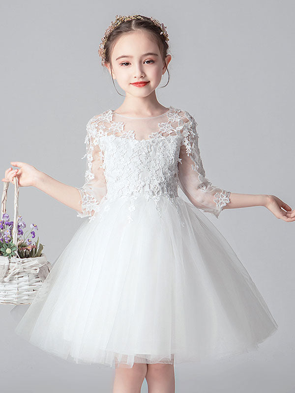 White Jewel Neck Cut Out Formal Kids Pageant flower girl dresses-showprettydress