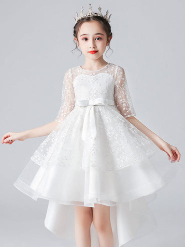 White Jewel Neck Half Sleeves Bows Kids Social Party Dresses-showprettydress