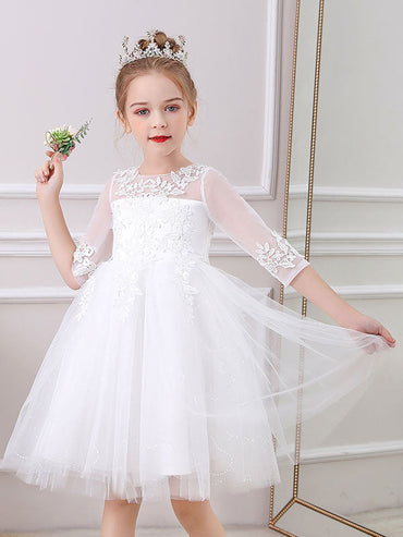 White Jewel Neck Lace Half Sleeves Silhouette Bows Short Princess Dress Kids Social Party Dresses-showprettydress