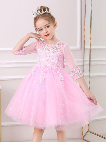 White Jewel Neck Lace Half Sleeves Silhouette Bows Short Princess Dress Kids Social Party Dresses-showprettydress