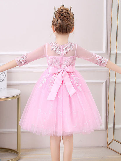 White Jewel Neck Lace Half Sleeves Silhouette Bows Short Princess Dress Kids Social Party Dresses-showprettydress