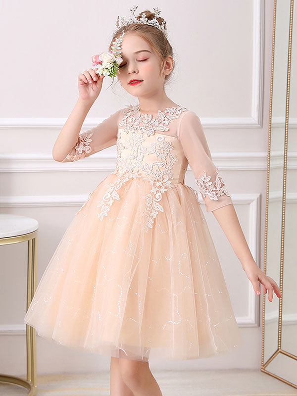 White Jewel Neck Lace Half Sleeves Silhouette Bows Short Princess Dress Kids Social Party Dresses-showprettydress