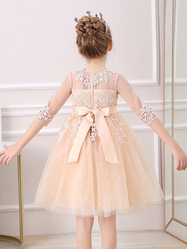 White Jewel Neck Lace Half Sleeves Silhouette Bows Short Princess Dress Kids Social Party Dresses-showprettydress