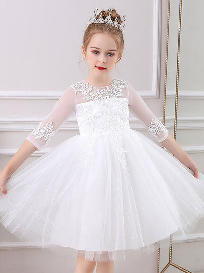 White Jewel Neck Lace Half Sleeves Silhouette Bows Short Princess Dress Kids Social Party Dresses-showprettydress