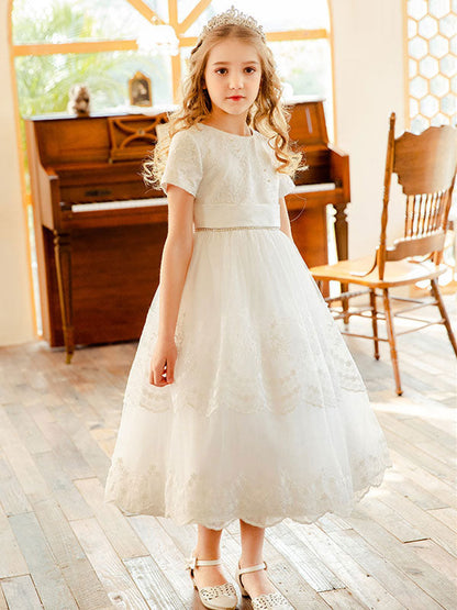 White Jewel Neck Lace Short Sleeves Tea-Length A-Line Lace flower girl dresses-showprettydress