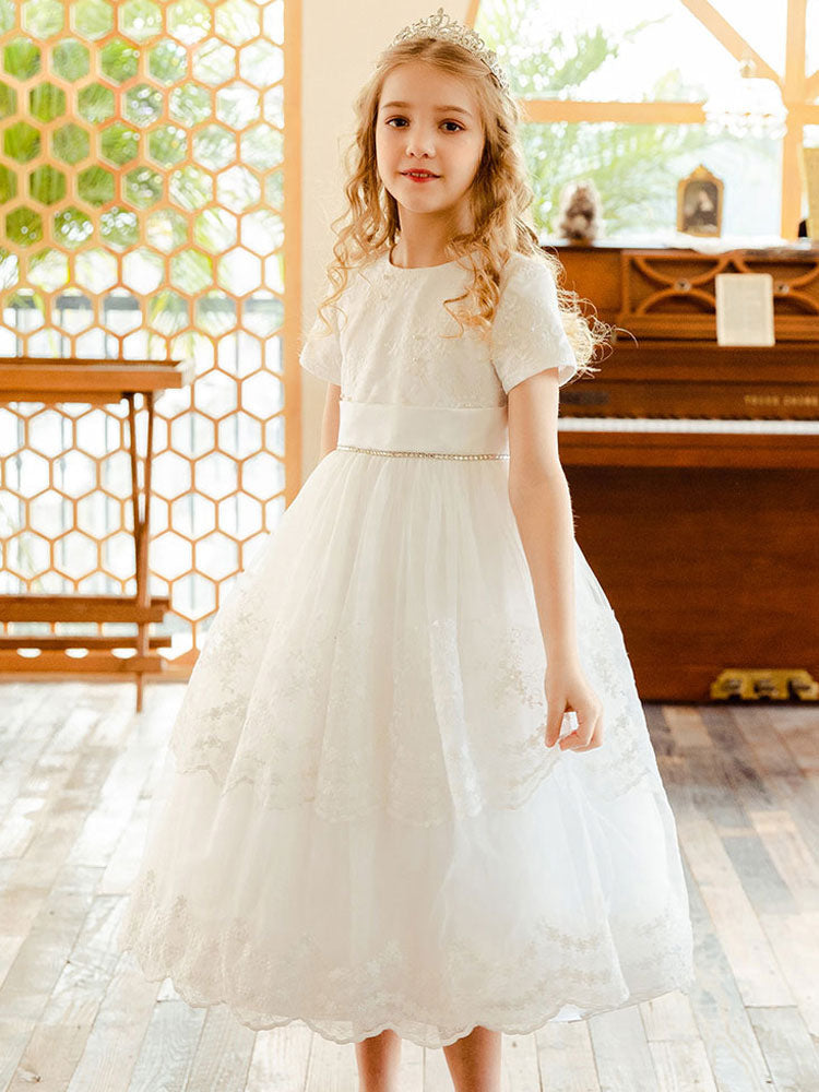 White Jewel Neck Lace Short Sleeves Tea-Length A-Line Lace flower girl dresses-showprettydress