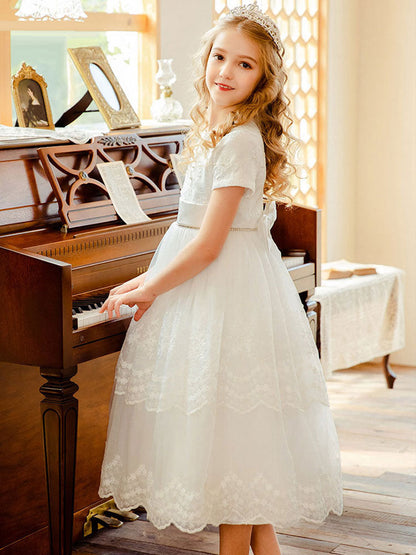 White Jewel Neck Lace Short Sleeves Tea-Length A-Line Lace flower girl dresses-showprettydress