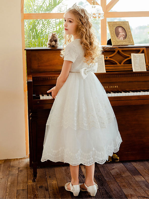 White Jewel Neck Lace Short Sleeves Tea-Length A-Line Lace flower girl dresses-showprettydress