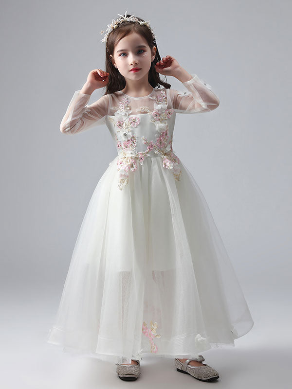 White Jewel Neck Long Sleeves Ankle-Length Princess Dress Tulle Flowers Beaded Embroidered Formal Kids Pageant flower girl dresses-showprettydress