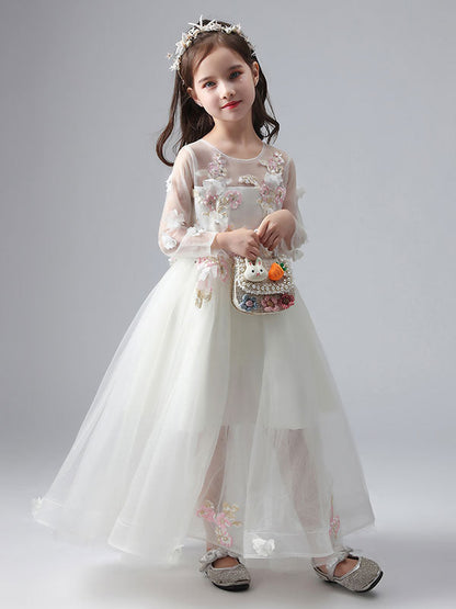 White Jewel Neck Long Sleeves Ankle-Length Princess Dress Tulle Flowers Beaded Embroidered Formal Kids Pageant flower girl dresses-showprettydress