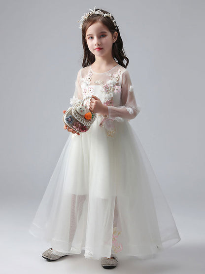 White Jewel Neck Long Sleeves Ankle-Length Princess Dress Tulle Flowers Beaded Embroidered Formal Kids Pageant flower girl dresses-showprettydress