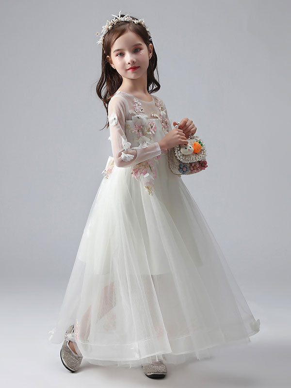 White Jewel Neck Long Sleeves Ankle-Length Princess Dress Tulle Flowers Beaded Embroidered Formal Kids Pageant flower girl dresses-showprettydress