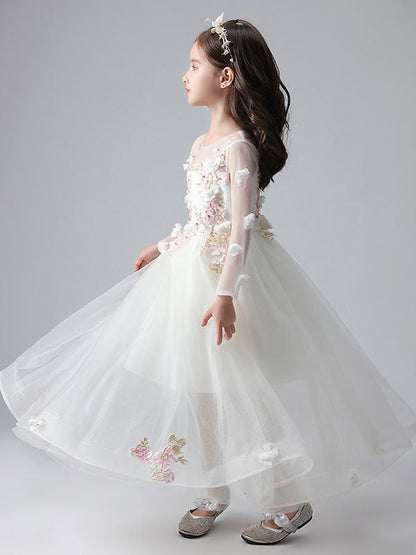 White Jewel Neck Long Sleeves Ankle-Length Princess Dress Tulle Flowers Beaded Embroidered Formal Kids Pageant flower girl dresses-showprettydress