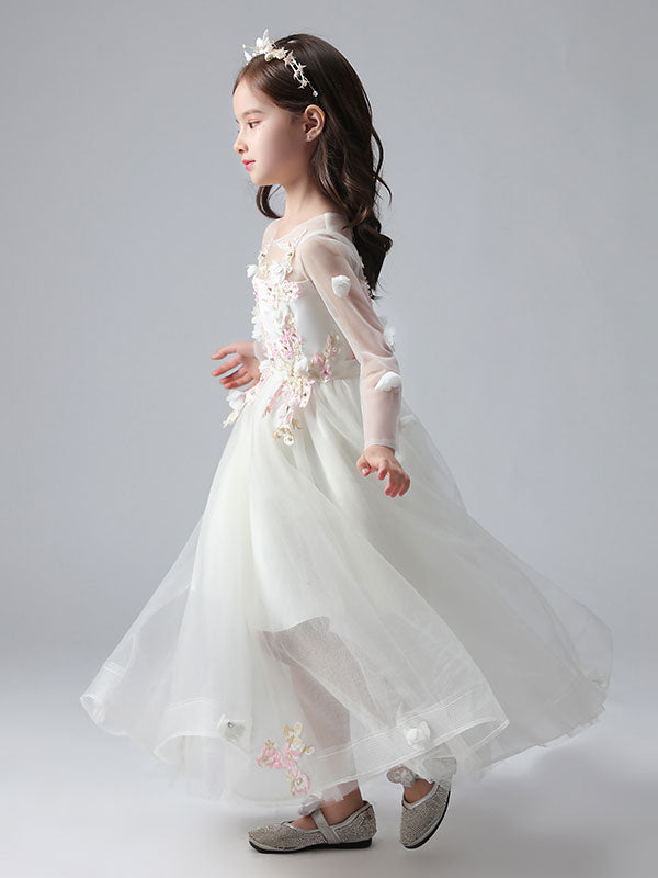 White Jewel Neck Long Sleeves Ankle-Length Princess Dress Tulle Flowers Beaded Embroidered Formal Kids Pageant flower girl dresses-showprettydress