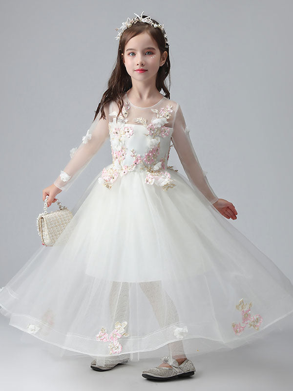 White Jewel Neck Long Sleeves Ankle-Length Princess Dress Tulle Flowers Beaded Embroidered Formal Kids Pageant flower girl dresses-showprettydress