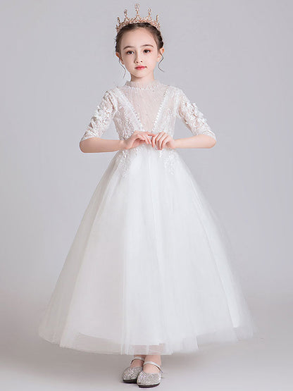 White Jewel Neck Polyester Half Sleeves Ankle-Length Princess Dress Kids Formal Pageant Dresses-showprettydress