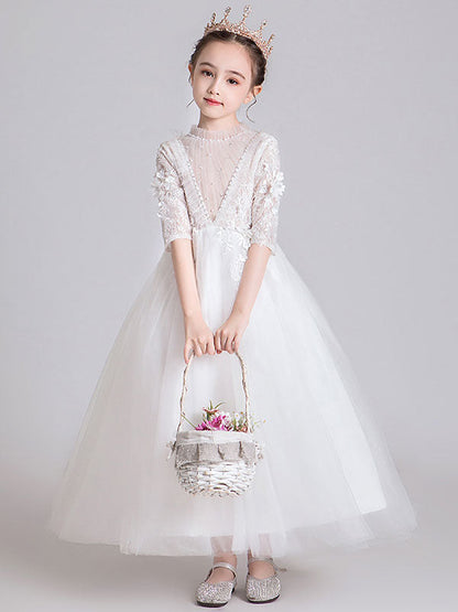 White Jewel Neck Polyester Half Sleeves Ankle-Length Princess Dress Kids Formal Pageant Dresses-showprettydress