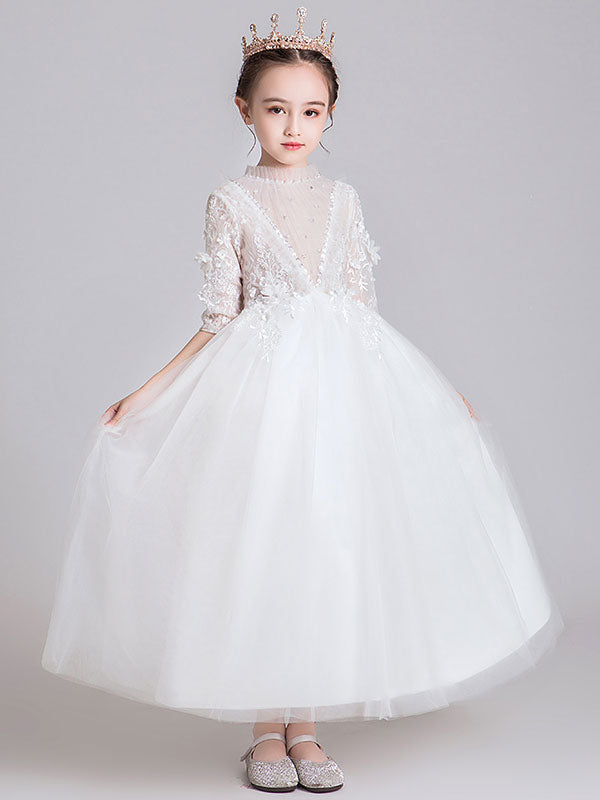 White Jewel Neck Polyester Half Sleeves Ankle-Length Princess Dress Kids Formal Pageant Dresses-showprettydress