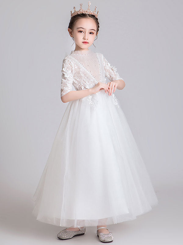 White Jewel Neck Polyester Half Sleeves Ankle-Length Princess Dress Kids Formal Pageant Dresses-showprettydress