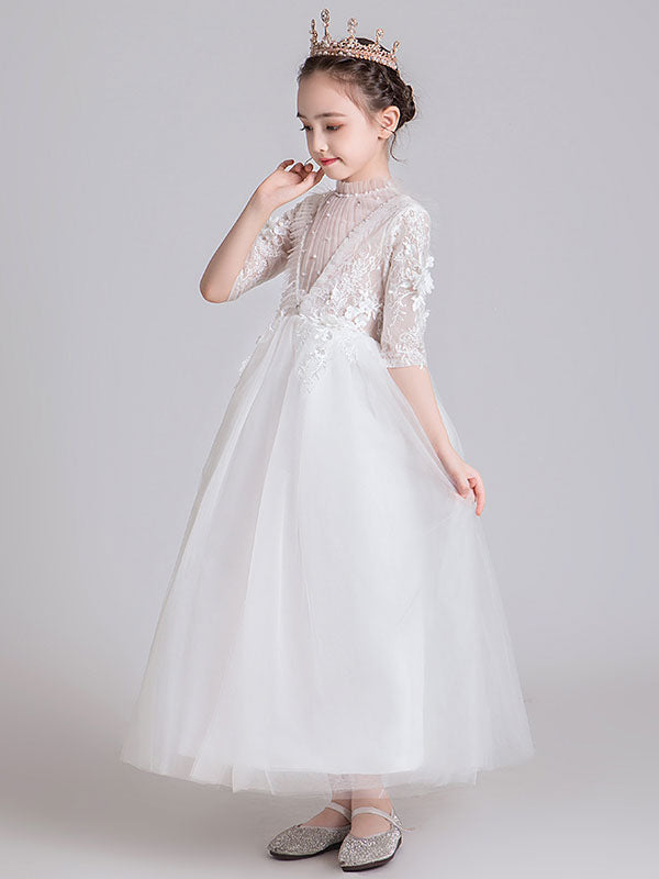 White Jewel Neck Polyester Half Sleeves Ankle-Length Princess Dress Kids Formal Pageant Dresses-showprettydress