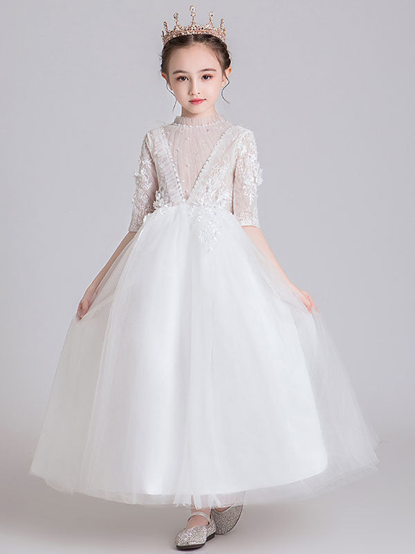 White Jewel Neck Polyester Half Sleeves Ankle-Length Princess Dress Kids Formal Pageant Dresses-showprettydress