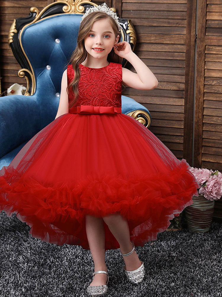 White Jewel Neck Polyester Sleeveless With Train A-Line Embroidered Kids Social Party Dresses-showprettydress