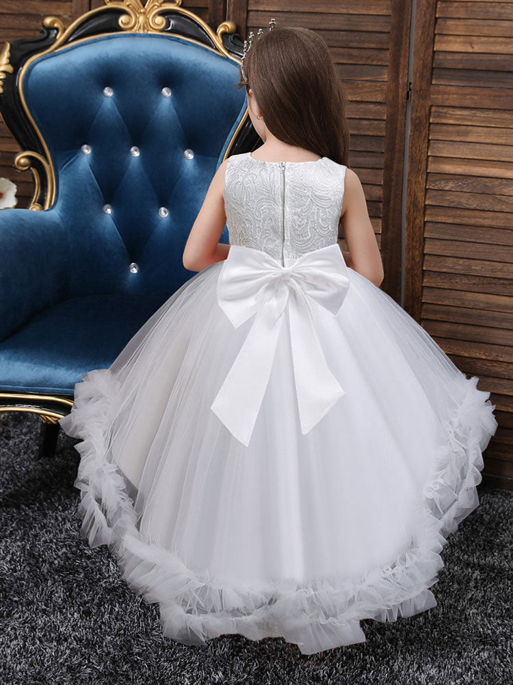 White Jewel Neck Polyester Sleeveless With Train A-Line Embroidered Kids Social Party Dresses-showprettydress