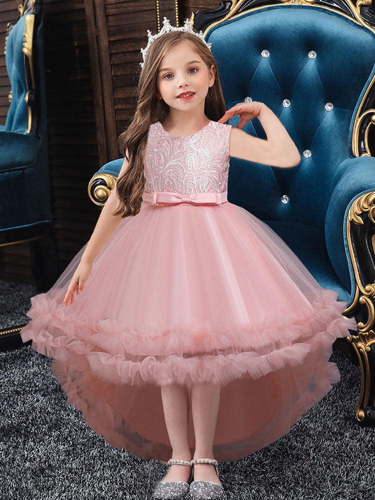 White Jewel Neck Polyester Sleeveless With Train A-Line Embroidered Kids Social Party Dresses-showprettydress