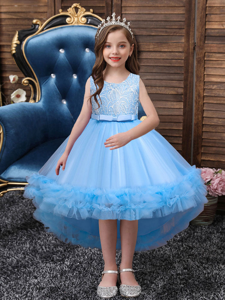 White Jewel Neck Polyester Sleeveless With Train A-Line Embroidered Kids Social Party Dresses-showprettydress