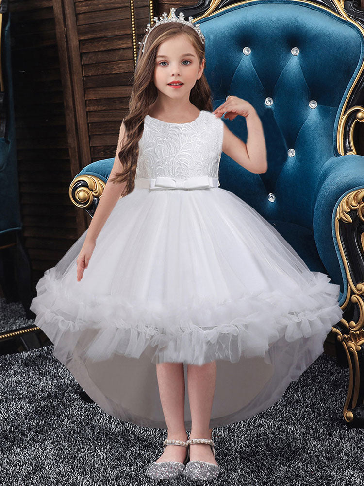 White Jewel Neck Polyester Sleeveless With Train A-Line Embroidered Kids Social Party Dresses-showprettydress