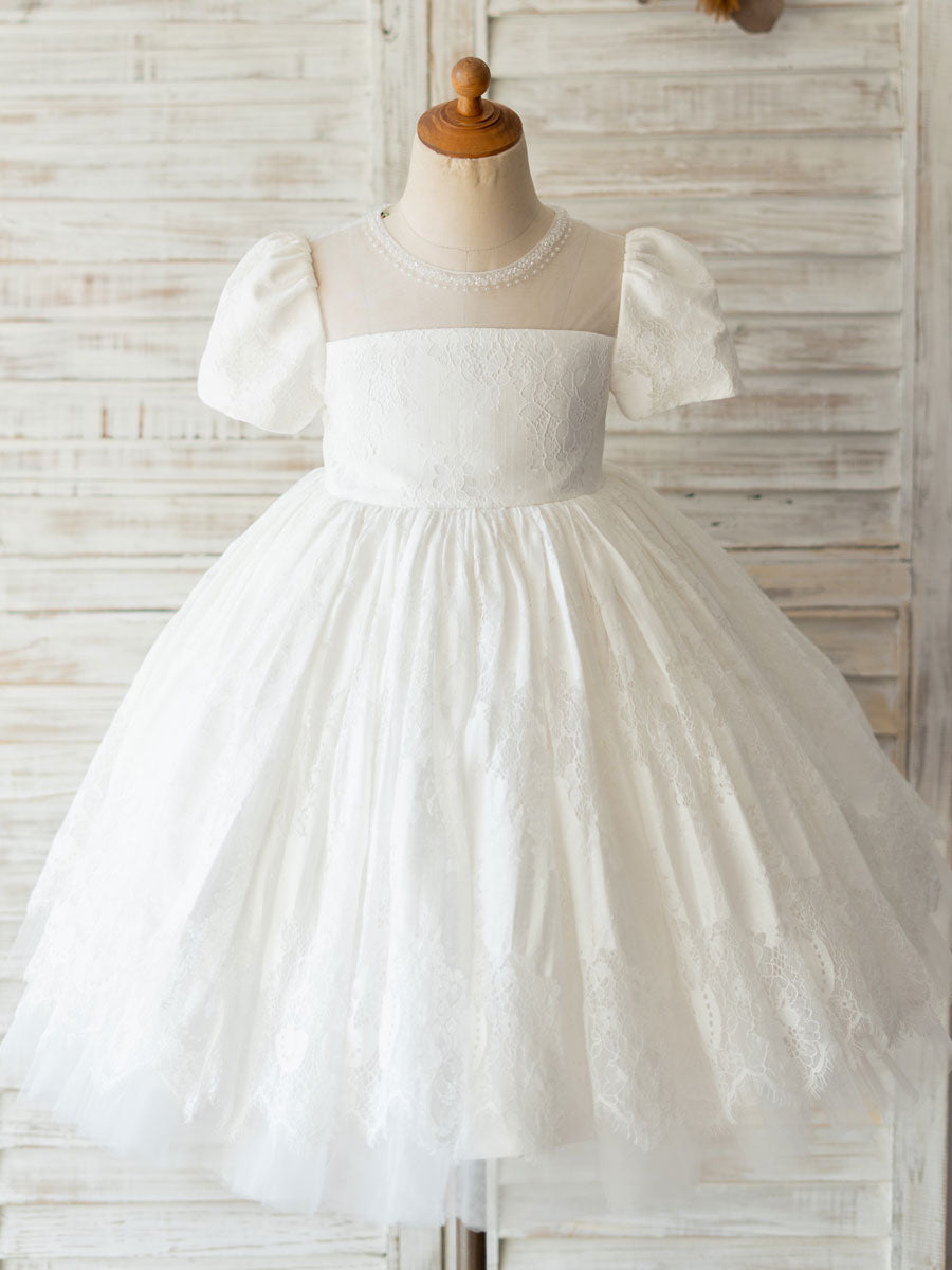 White Jewel Neck Short Sleeves Beaded Formal Kids Pageant flower girl dresses-showprettydress